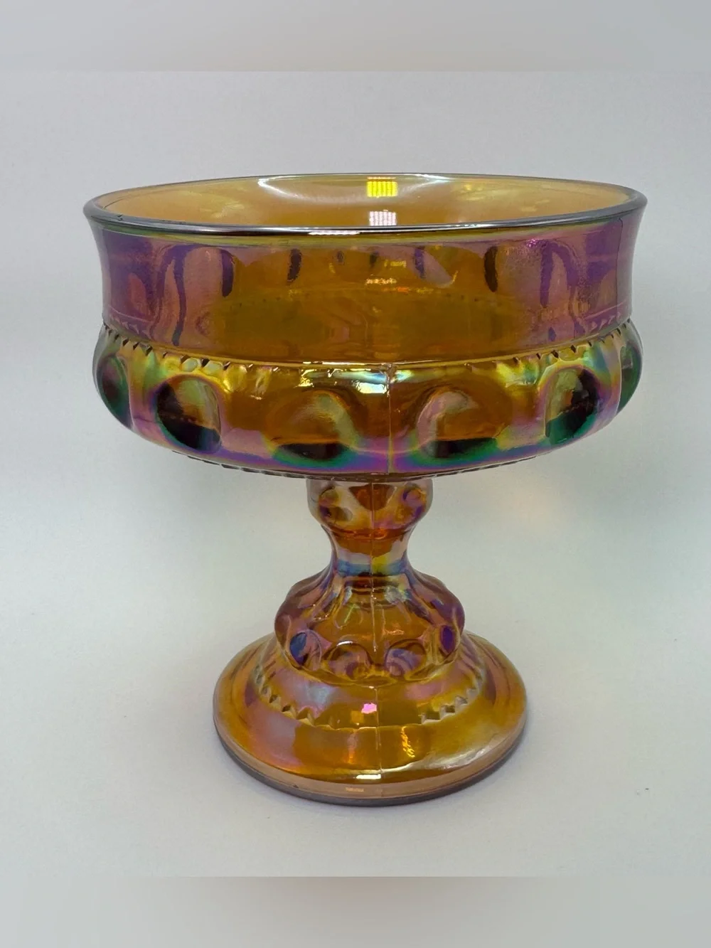 Vintage Amber Carnival Glass Pedestal Compote Iridescent Pressed Glass Candy